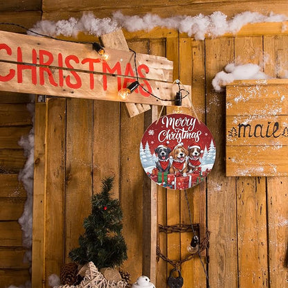 Three Little Dogs Wooden Merry Christmas Hanging Sign, 10 Inches Round - Image 3