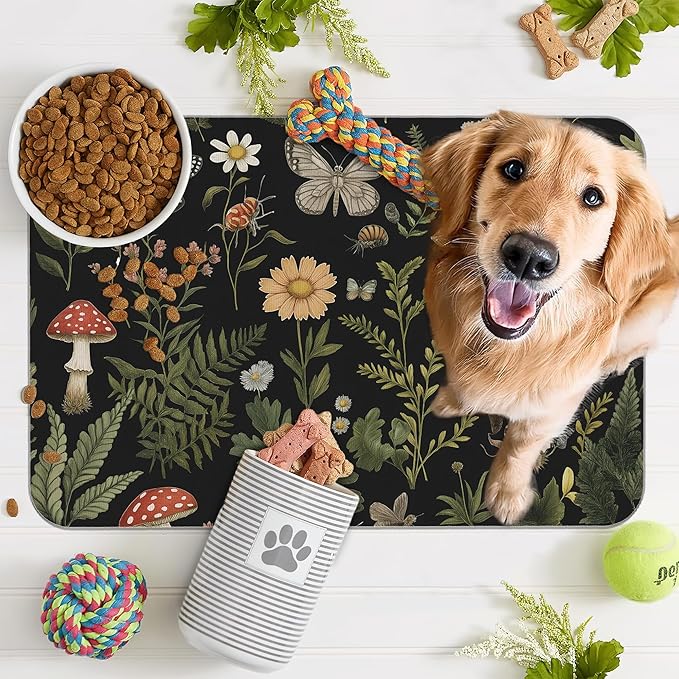 Red Mushroom Pet Feeding Mat, Fern Herb Butterfly Absorbent Quick-Dry Cat Dog - Image 7