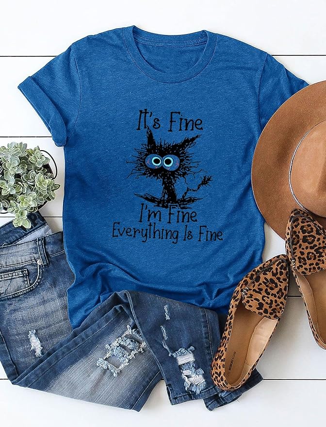 Funny Cat T Shirts for Women Everything is Fine Graphic Tees Casual Short - Image 4