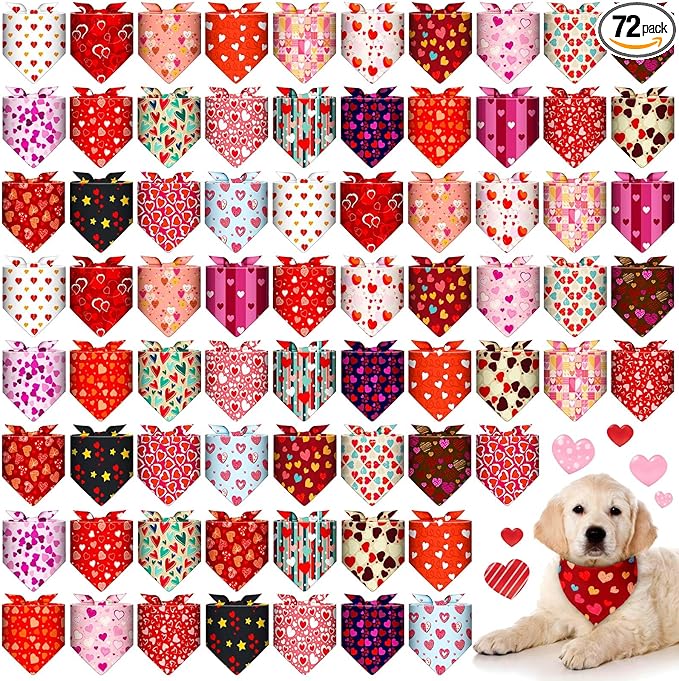 72 Pack Valentine Dog Bandanas Bulk Heart Triangle Pet Scarfs, Adjustable Bib by Locmeo