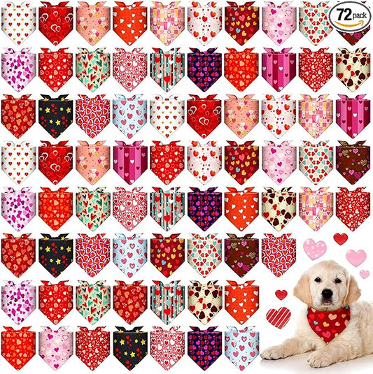 72 Pack Valentine Dog Bandanas Bulk Heart Triangle Pet Scarfs, Adjustable Bib by Locmeo