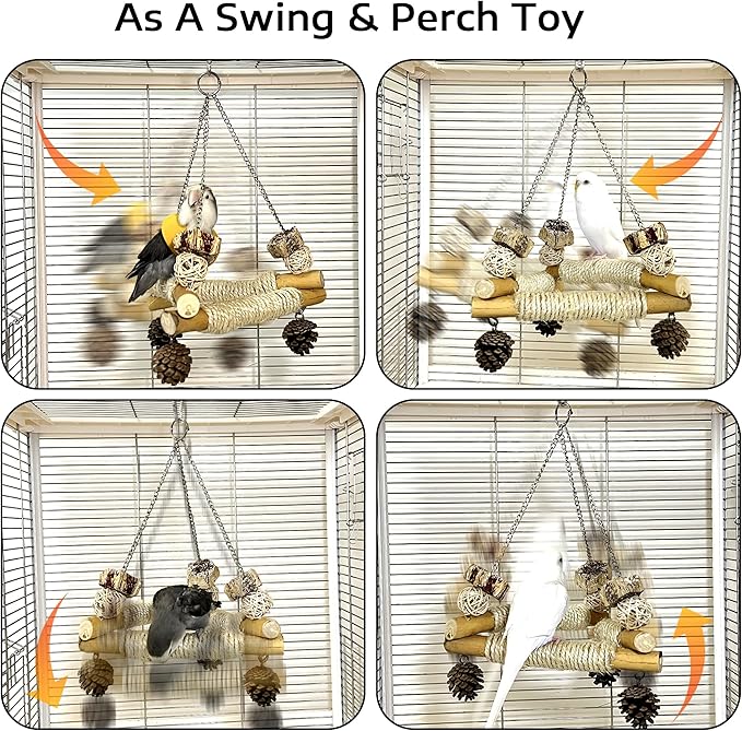 Bird Swing for Cage with Chew Toys, 3 Sisal-Wrapped Parrot Perches & Stable - Image 2