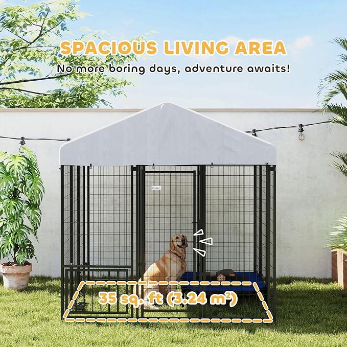 PawHut Outdoor Dog Kennel with Roof, Adjustable Bowls, UV-Resistant & - Image 3