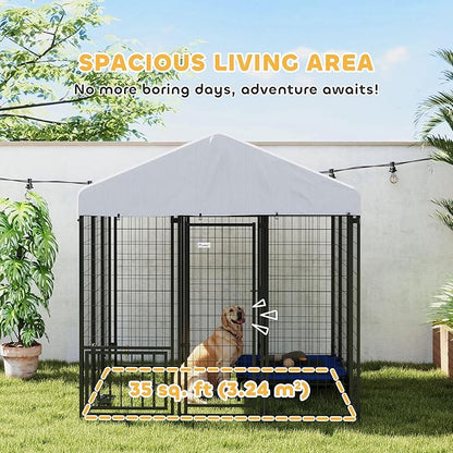PawHut Outdoor Dog Kennel with Roof, Adjustable Bowls, UV-Resistant & - Image 3