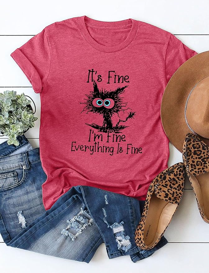 Funny Cat T Shirts for Women Everything is Fine Graphic Tees Casual Short - Image 4