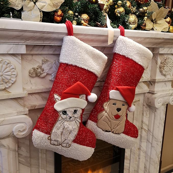 WEWILL 20'' Cute Cat Christmas Stockings Embroidered Xmas Socks Holiday Party - Image 2