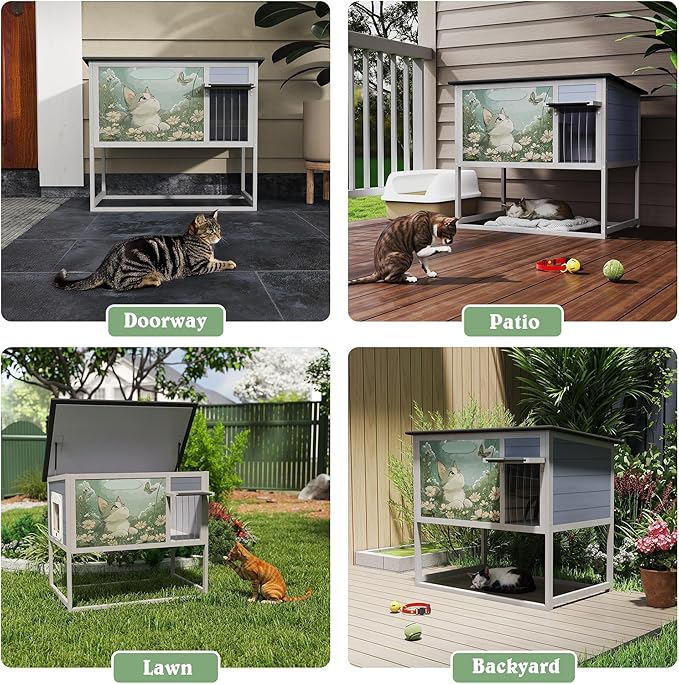 Outdoor Raised Wooden Cat House, Weatherproof Feral Cat Enclosure - Image 6