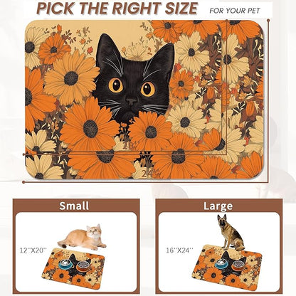 Black Cat Dog Food Mat for Floors, Fall Flower Daisy Absorbent Pet Food and - Image 2
