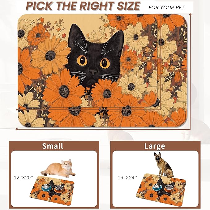 Black Cat Dog Food Mat for Floors, Fall Flower Daisy Absorbent Pet Food and - Image 2