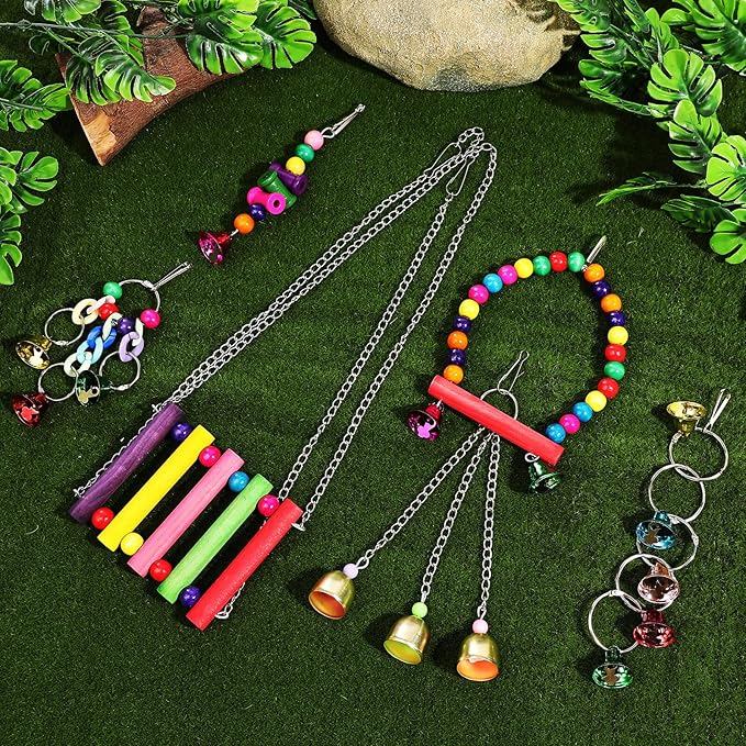 LALAFINA Bird Swing Parrot Perch Stand Wind Chimes 6pcs Set Hanging Bird Cage - Image 4