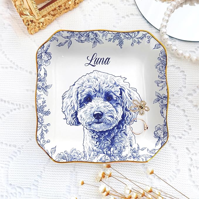 LOVELYPOD Custom Pet Portrait Jewelry Tray, Toile De Jouy Ceramic Dish by LOVELYPOD