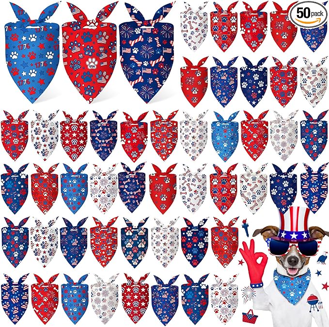 50 Pcs Patriotic Paw Print Dog Bandanas Bulk 4th of July Bandanas by Jeere