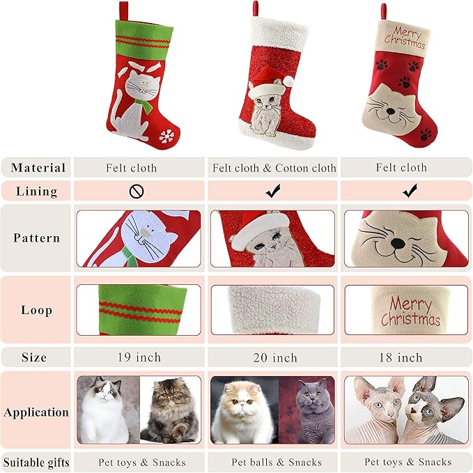 WEWILL 20'' Cute Cat Christmas Stockings Embroidered Xmas Socks Holiday Party - Image 6