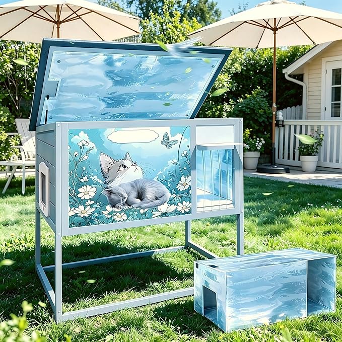 Insulated Outdoor Cat House Weatherproof Elevated Feral Cat Shelter Summer Cool by COZIWOW