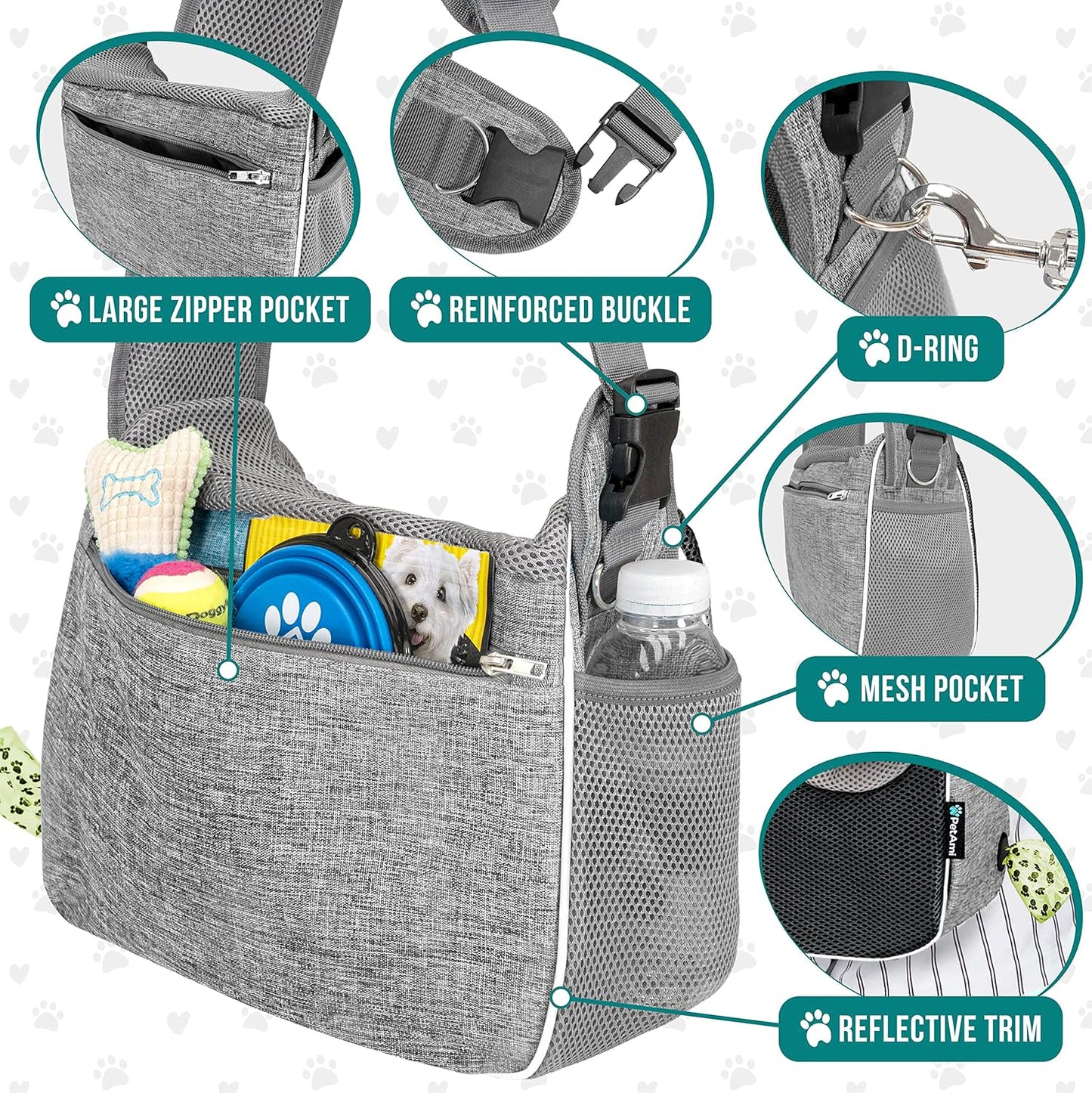 PetAmi Small Dog Sling Carrier, Soft-Sided Crossbody Puppy Carrying Purse Bag, Adjustable Sling Pet Pouch to Wear Medium Dog Cat Travel, Dog Bag for Traveling, Poop Bag Dispenser, Max 10 lbs, Gray