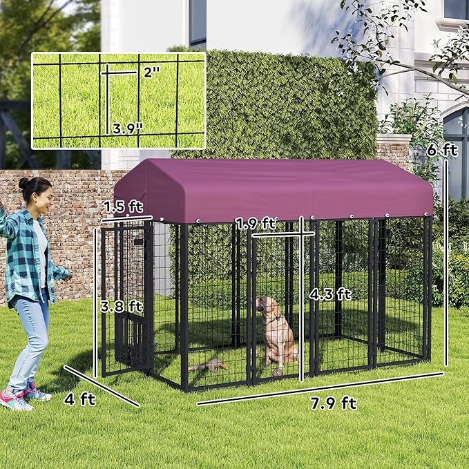 PawHut Outdoor Dog Kennel with Roof, Adjustable Bowls, UV-Resistant & - Image 7