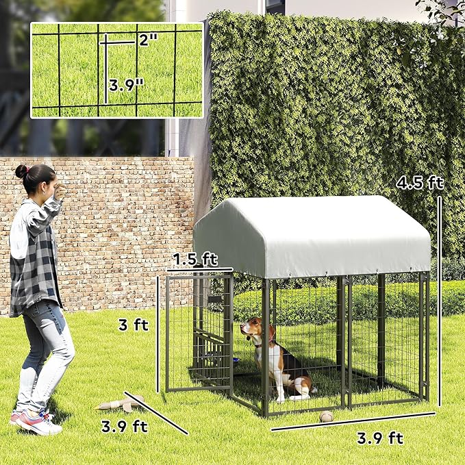 PawHut 4' x 4' x 4.5' Outdoor Dog Kennel, Welded Wire Dog Kennel Outside Run - Image 7